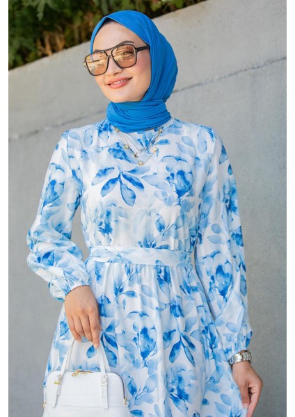 Keny Lotus Çiçekli Yazlık Elbise-Mavi fiyatları