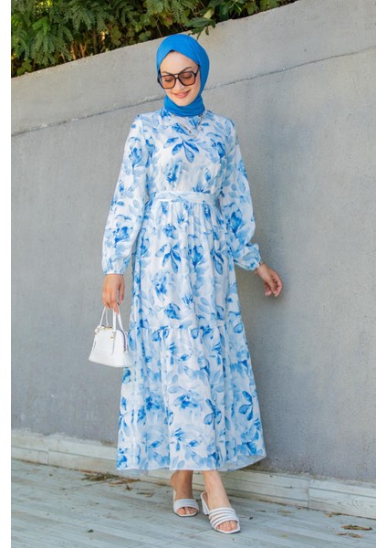 Keny Lotus Çiçekli Yazlık Elbise-Mavi fırsatları