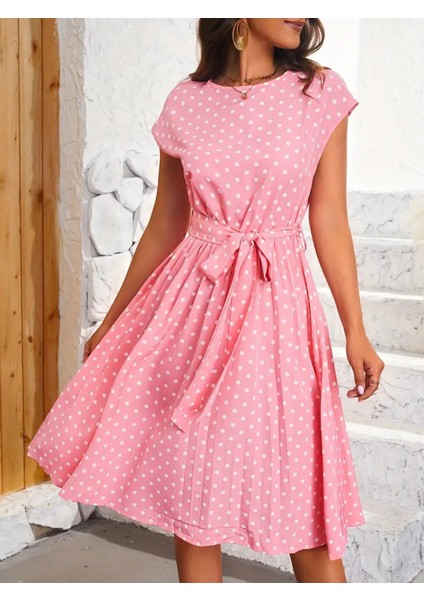 Kadın Kolsuz Beli Kuşaklı Puantiyeli Sandy Elbise Pembe-S-M modelleri
