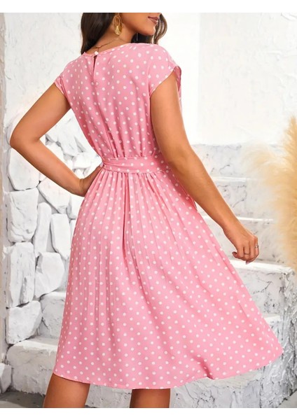 Kadın Kolsuz Beli Kuşaklı Puantiyeli Sandy Elbise Pembe-S-M fırsatları