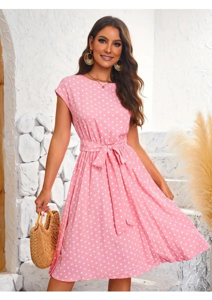 Kadın Kolsuz Beli Kuşaklı Puantiyeli Sandy Elbise Pembe-S-M indirimleri