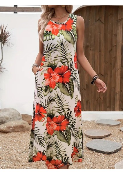 Kadın Askılı Yuvarlak Yaka Cepli Desenli Süprem Elbise L-Xl-Desenli