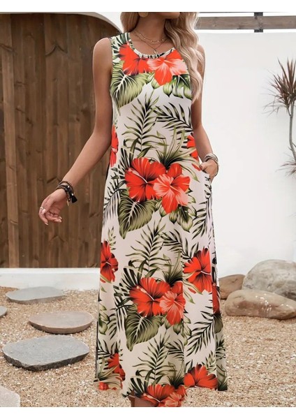 Kadın Askılı Yuvarlak Yaka Cepli Desenli Süprem Elbise L-Xl-Desenli modelleri