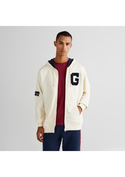 Erkek Krem Relaxed Fit Kapüşonlu Logolu Sweatshirt