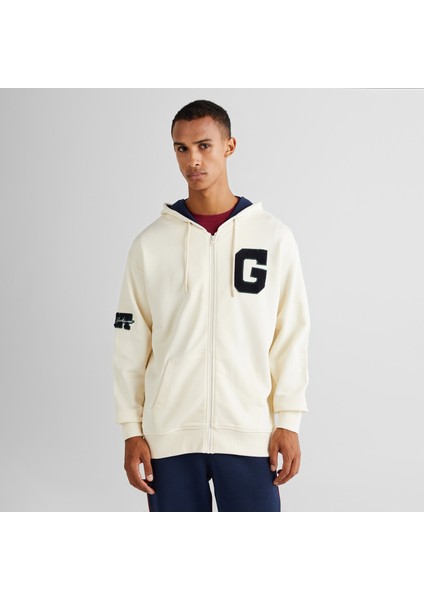 Erkek Krem Relaxed Fit Kapüşonlu Logolu Sweatshirt fırsatları