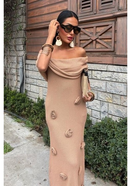 Eteği Gül Detay Madonna Yaka Elbise 2863 Std-Mocha fiyatları