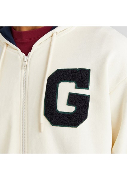 Erkek Krem Relaxed Fit Kapüşonlu Logolu Sweatshirt