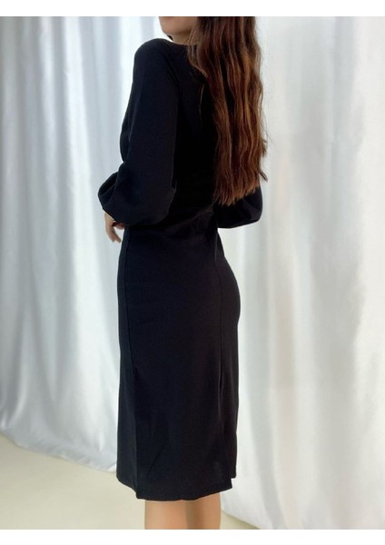 Kadın Kruvaze Yaka Balon Kol Midi Boy Elbise M-Siyah indirimleri