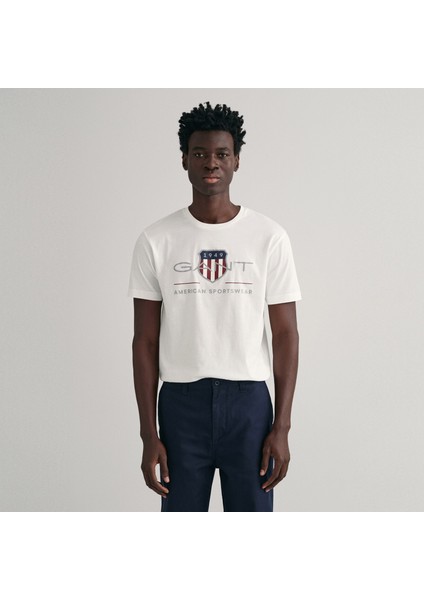 Erkek Beyaz Regular Fit Bisiklet Yaka Logolu T-Shirt