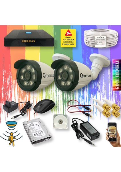 2 Kameralı Set - Gece Renkli Gösteren Hareket Algılayan 8 Warm Ledli 1080P Turbo HD Güvenlik Kamerası Seti 3908W-9004
