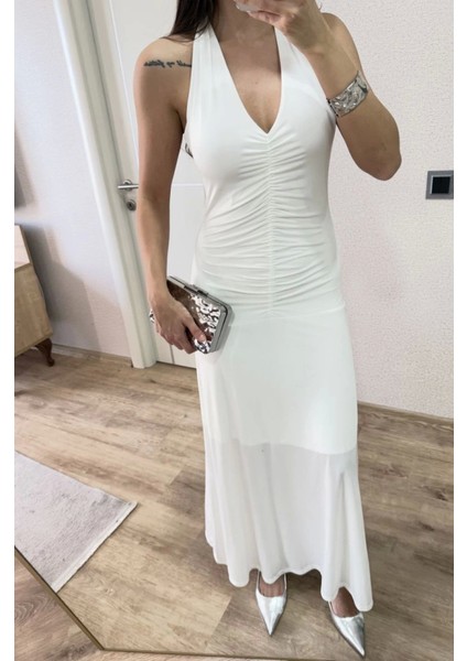 Sırt Dekolteli Uzun Kollu Elbise - Beyaz M-Beyaz modelleri