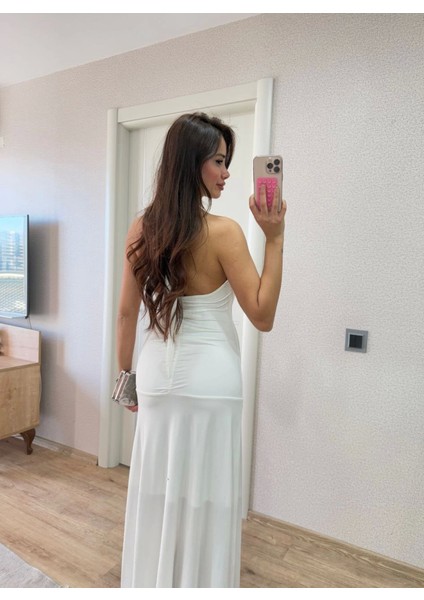 Sırt Dekolteli Uzun Kollu Elbise - Beyaz M-Beyaz fırsatları