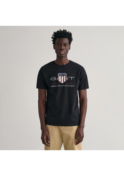 Erkek Siyah Regular Fit Bisiklet Yaka Logolu T-Shirt