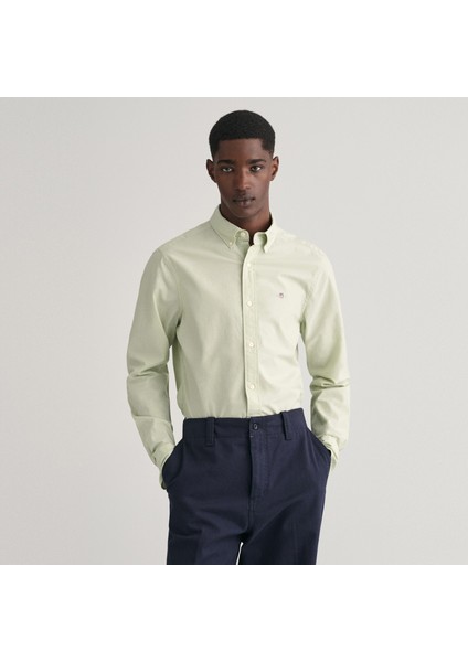 Erkek Yeşil Slim Fit Düğmeli Yaka Broadcloth Gömlek