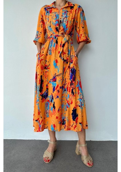 Oranj Çiçek Desenli Kemerli Elbise M-Oranj fiyatları