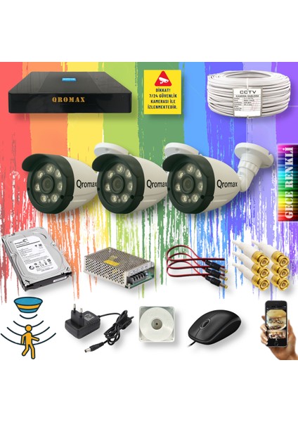 3 Kameralı Set - Gece Renkli Gösteren Hareket Algılayan 8 Warm Ledli 1080P Turbo HD Güvenlik Kamerası Seti 3908W-9004