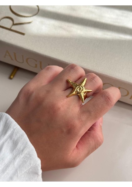 Deniz Yıldızı Figürlü Altın Kaplama Çelik Yüzük – Ayarlanabilir Yazlık Kadın Takı