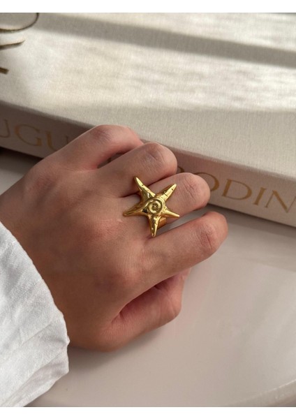 Deniz Yıldızı Figürlü Altın Kaplama Çelik Yüzük – Ayarlanabilir Yazlık Kadın Takı