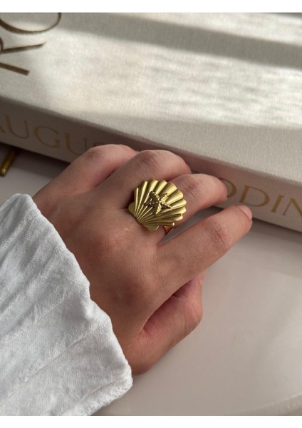 Deniz Kabuklu ve Deniz Yıldızlı Altın Kaplama Çelik Yüzük – Ayarlanabilir Yazlık Kadın Takı