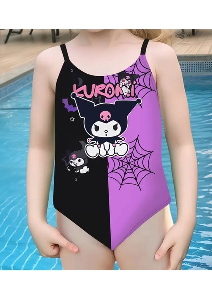 Kız Çocuk Kuromi Desenli Tek Parça Mayo – Siyah & Mor