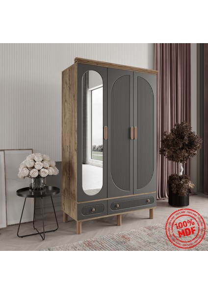 SOHO 3 KAPAKLI ANTRASİT GARDIROP TAMAMI MDF