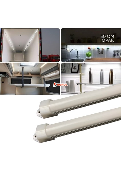 2 Adet Alüminyum Kasa Çubuk LED 12 Volt Beyaz Işık 50 cm Opak Karavan Tekne Otomobil SB-6550