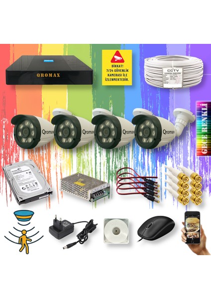 4 Kameralı Set - Gece Renkli Gösteren Hareket Algılayan 8 Warm Ledli 1080P Turbo HD Güvenlik Kamerası Seti 3908W-9004