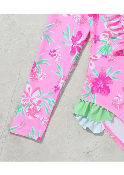 Kız Çocuk Pembe Çiçek Desenli Uzun Kollu Tek Parça Mayo – Fırfırlı ve Fiyonklu modelleri