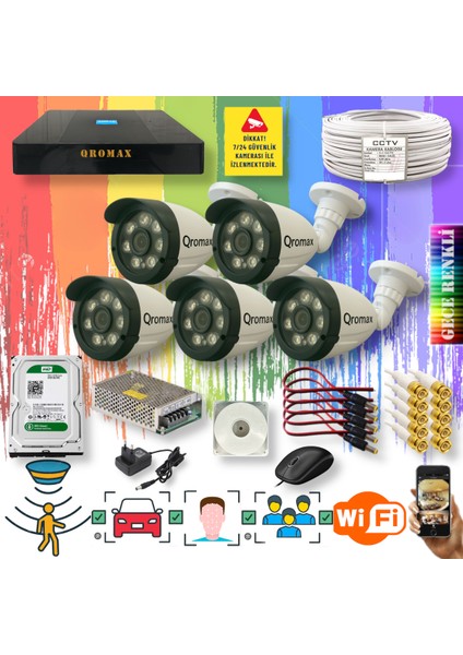 5 Kameralı Set - Yapay Zeka Özellikli Gece Renkli Gösteren 8 Warm Ledli TurboHD Güvenlik Kamerası Seti 3908W-9008
