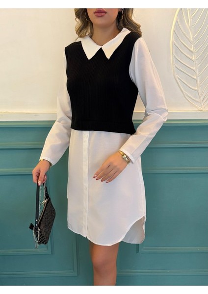 Kadın Uzun Kollu Gömlek Yaka Çift Renkli Trikoton Elbise 2xl-3xl-Siyah