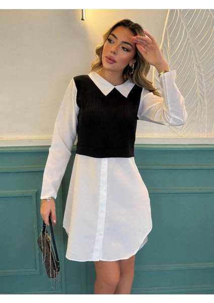 Kadın Uzun Kollu Gömlek Yaka Çift Renkli Trikoton Elbise 2xl-3xl-Siyah modelleri