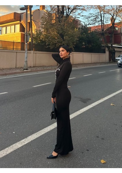 Kadın Uzun Kollu Boğazlı Baskı Detaylı Viskon Tam Boy Elbise L-Xl-Siyah fırsatları