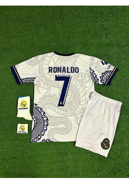 Real Madrid Cristiano Ronaldo Beyaz Dragon Desenli Çocuk Forması 4'lü Set (Armalı)