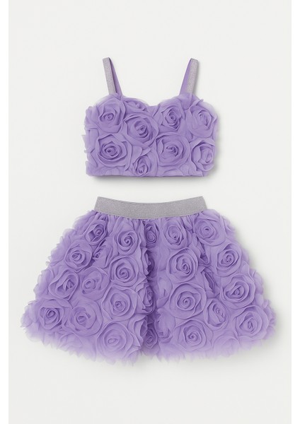 Kız Çocuk Lila 3D Çiçek Detaylı Etekli Takım fiyatları