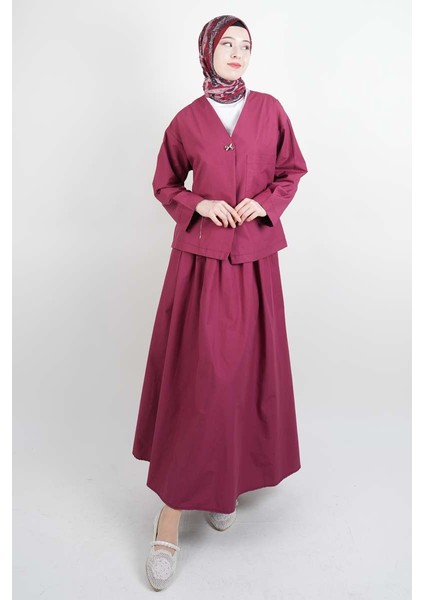 Tesettür Takım Tek Cep Detaylı Poplin Etekli 2'li Takım Bordo