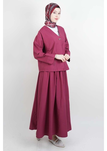 Tesettür Takım Tek Cep Detaylı Poplin Etekli 2'li Takım Bordo fiyatları