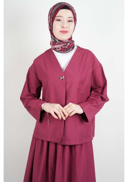 Tesettür Takım Tek Cep Detaylı Poplin Etekli 2'li Takım Bordo fırsatları
