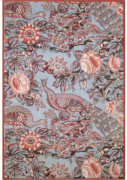 Flora Mavi Tavus Kuşu Çiçek Desen Vintage Halı Dekoratif Yıkanabilir Retro Oturma Odası Salon Halısı