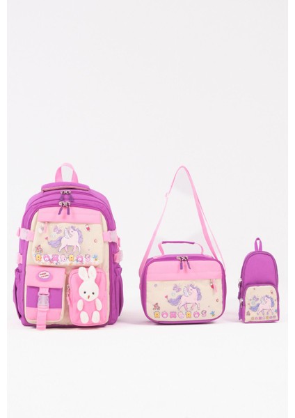 Unicorn Figürlü 3'lü Kız Çocuk Okul Çantası Seti - Kalemlik ve Termal Beslenmeli Ilkokul Çantası