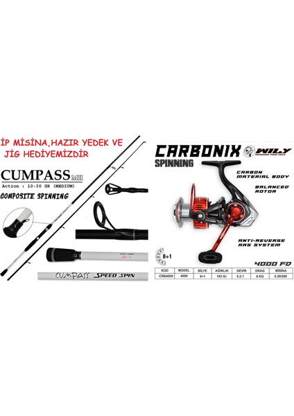 Portfish Cumpass 240CM Spin Kamış 10 - 30 gr & Wily Carbonix 4000 Spin Olta Seti