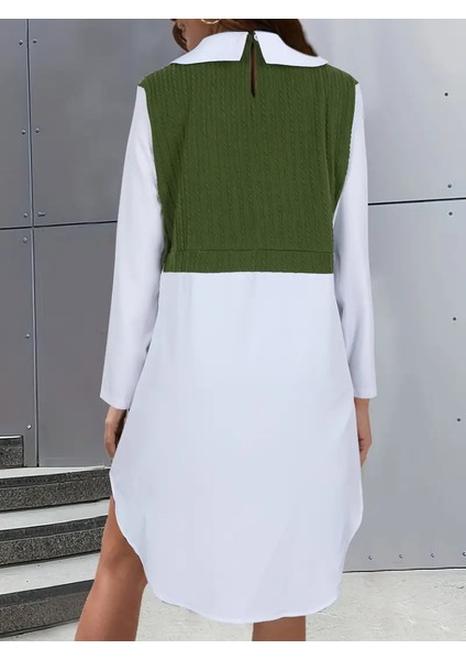 Kadın Uzun Kollu Gömlek Yaka Çift Renkli Trikoton Elbise L-Xl-Yeşil modelleri