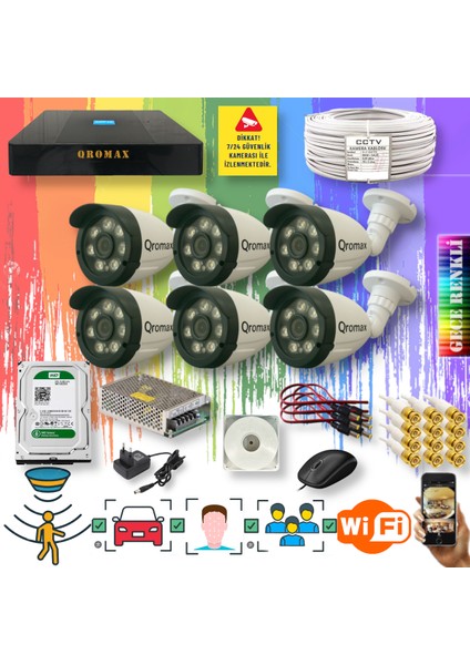 6 Kameralı Set - Yapay Zeka Özellikli Gece Renkli Gösteren 8 Warm Ledli TurboHD Güvenlik Kamerası Seti 3908W-9008