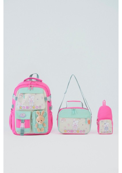 Tavşan Figürlü 3'lü Kız Çocuk Okul Çantası Seti - Kalemlik ve Termal Beslenmeli Ilkokul Çantası