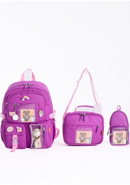 Kore Tarzı Aksesuarlı 3'lü Set Kız Çocuk Ilkokul Çantası Kalemlikli Beslenme Çantalı Sırt Çantası