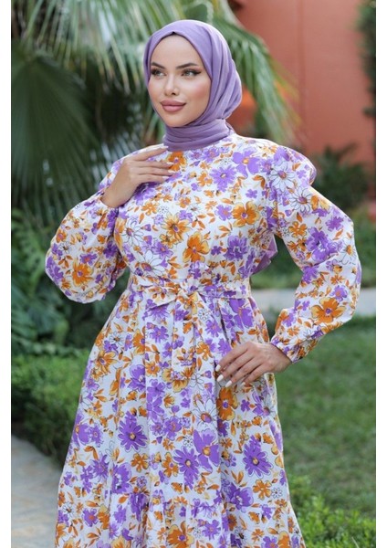 Kadın Uzun Çiçek Yaprak Desenli Belden Bağlamalı Elbise 40-Lila