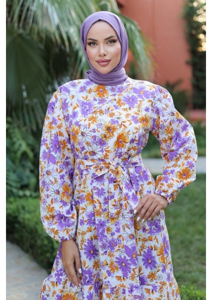 Kadın Uzun Çiçek Yaprak Desenli Belden Bağlamalı Elbise 40-Lila fırsatları