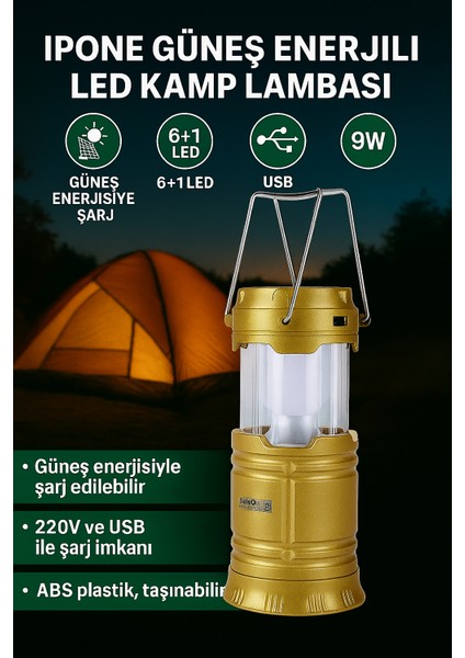 Güneş Enerjili LED Kamp Lambası | USB ve 220V Şarjlı | 6+1 LED | 9W Taşınabilir Işık