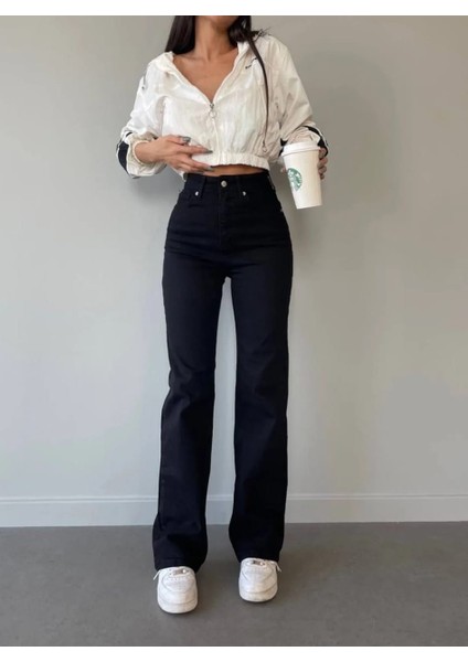 Siyah Bol Paca Palazzo Yüksek Bel Esnek Kot Pantolon