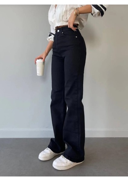 Siyah Bol Paca Palazzo Yüksek Bel Esnek Kot Pantolon fiyatları