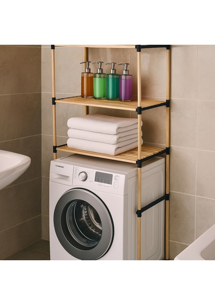 NC01 Ahşap Çamaşır Makinesi Organizer Banyo Düzenleyici Raf Masif Çam Ahşap